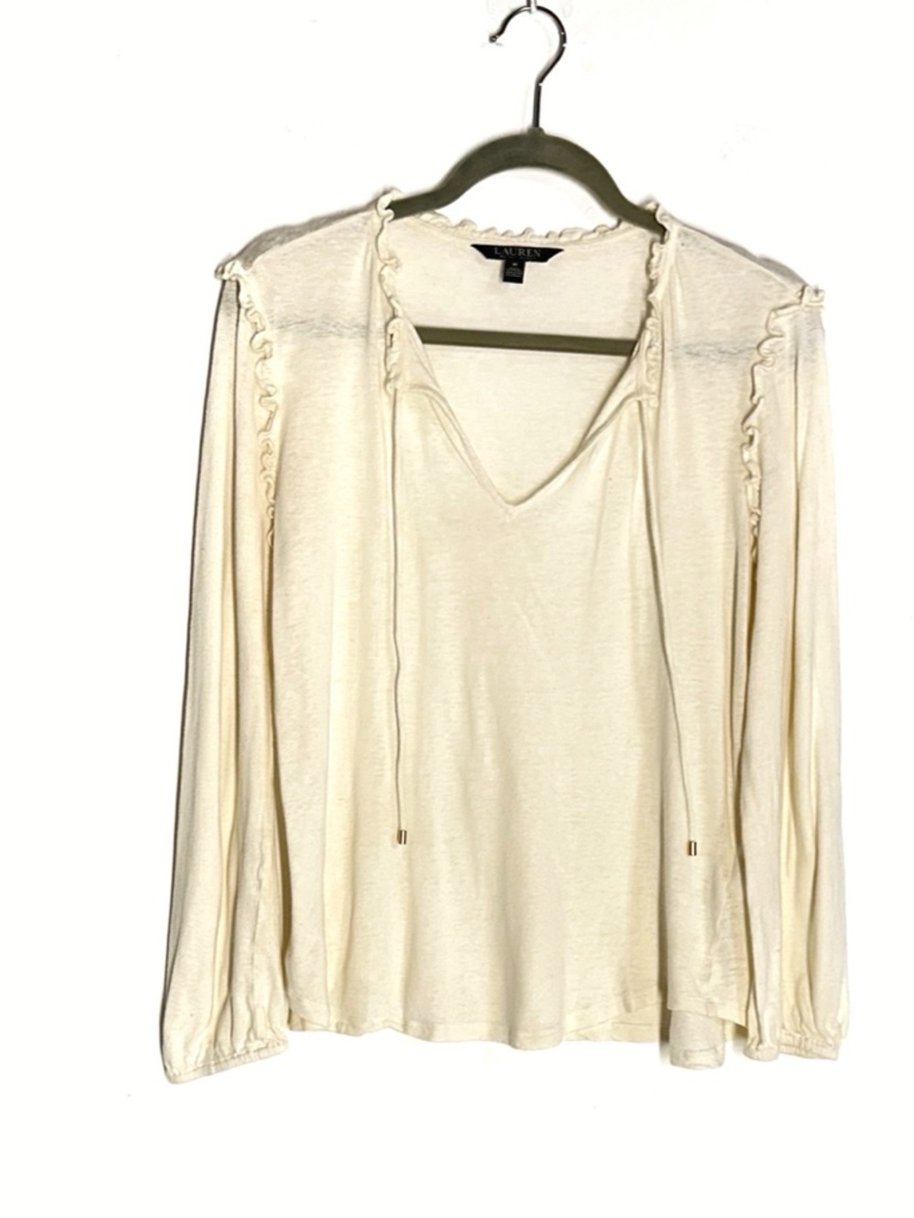Lauren Ralph Lauren Ruffle Trim Linen/Rayon Blend Boho Top In winter Cream Sz M